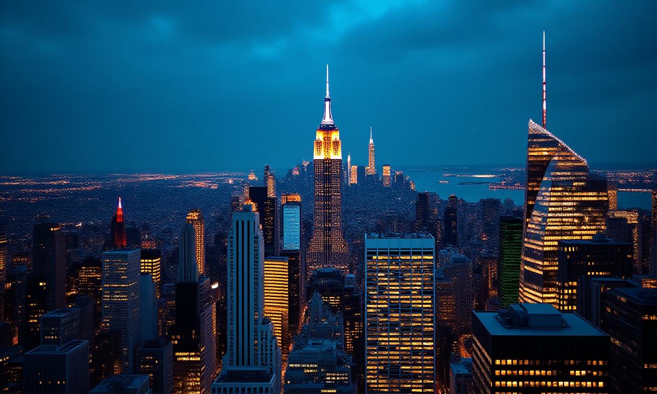 Panoramic view of New York City skyline at dusk